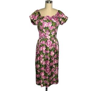Vintage 1960s Rose Print Dress 3D Floral Appliqué Pink Green Small